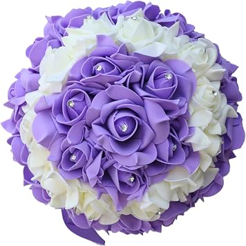 Artificial PE Rose Bouquet Toss for Wedding Quinceanera with Rhinestones for Bride Bridesmaids Flower Girls 9 Inch Purple