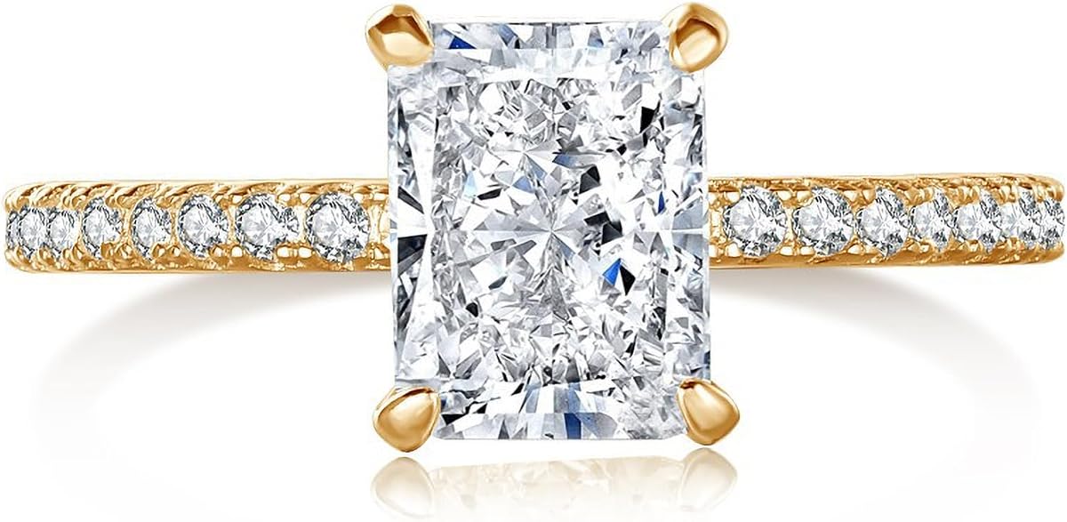 LOVECOM 2CT 925 Sterling Silver CZ Engagement Rings for Women | Radiant Cut Solitaire Cubic Zirconia Promise Rings for Her Simulated Diamond Ring Wedding Band Jewelry Birthday Gifts for Mom