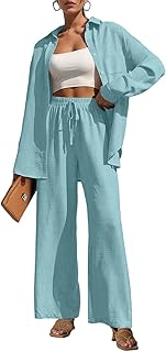 2 Piece Outfits for Women Casual Lounge Sets Long Sleeve Button Down Shirts and Wide Leg Pants Sets Tracksuit