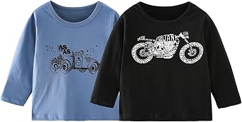 Boys Long Sleeve Shirts, Casual Cotton Tshirts Cartoon Graphic Crewneck Tops Tees Shirt for Kids Toddler Boy 3 Pack