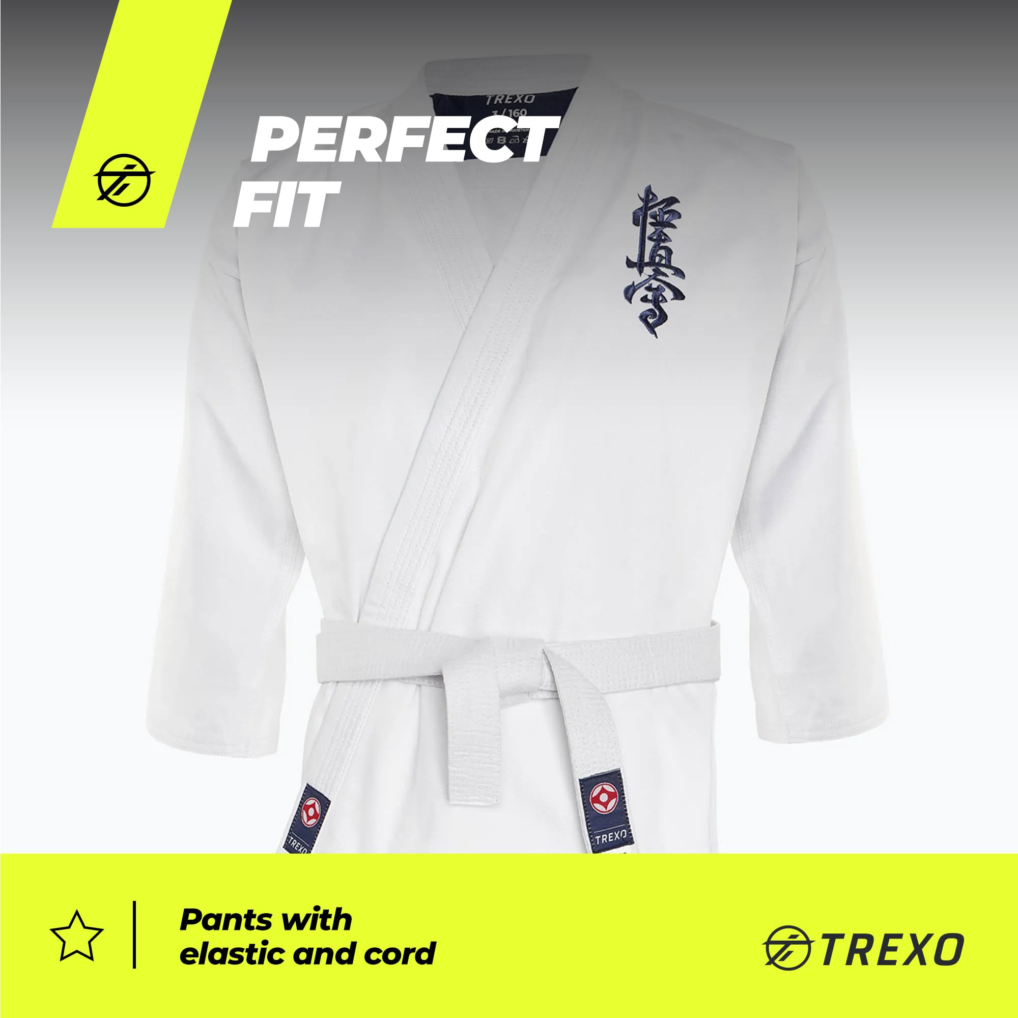 TREXO Karatega con bordado Kyokushin para karate en color blanco para 140 cm de estatura, juego de pantalones regulables, kimono, cinturón, ideal para principiantes, costuras fuertes, materiales