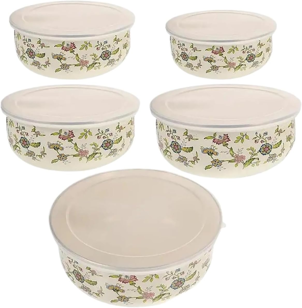 Genérico 5 Pieces, Mixing Bowl Set Floral Pattern Enamel, Versatile Use Smooth Surface Round Nesting Bowls With Lids For Baking