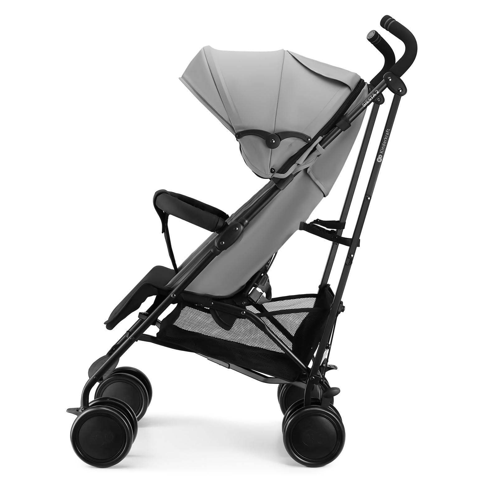 Kinderkraft silla de paseo SIESTA 2 hasta 22 kg, ligera, solo 7,9 kg, plegado tipo paraguas, posición tumbada, reposapiés ajustable, capota transpirable con malla y ventana peekaboo, compacta, Gris