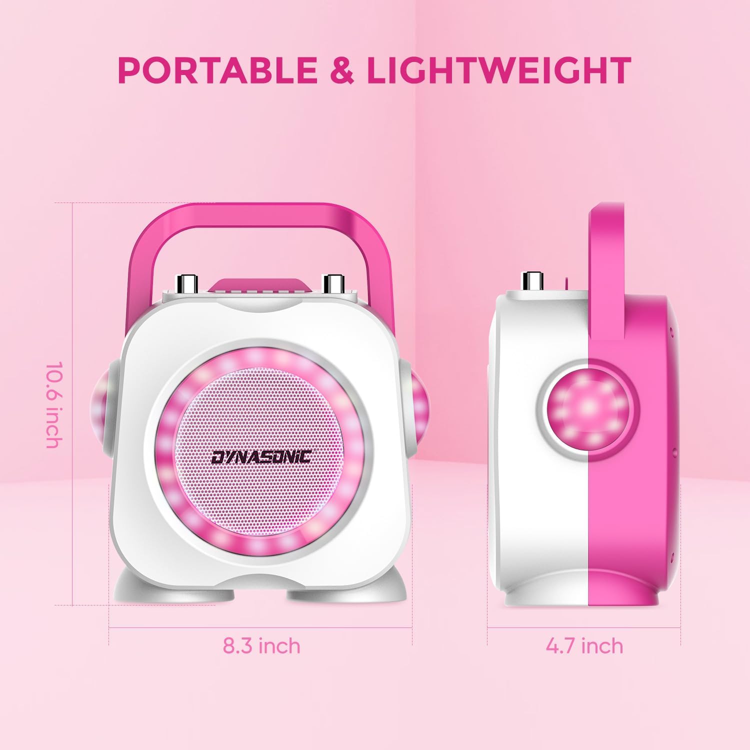 DYNASONIC Karaoke Speaker dimensions: 10.6 inches height, 8.3 inches width, 4.7 inches depth