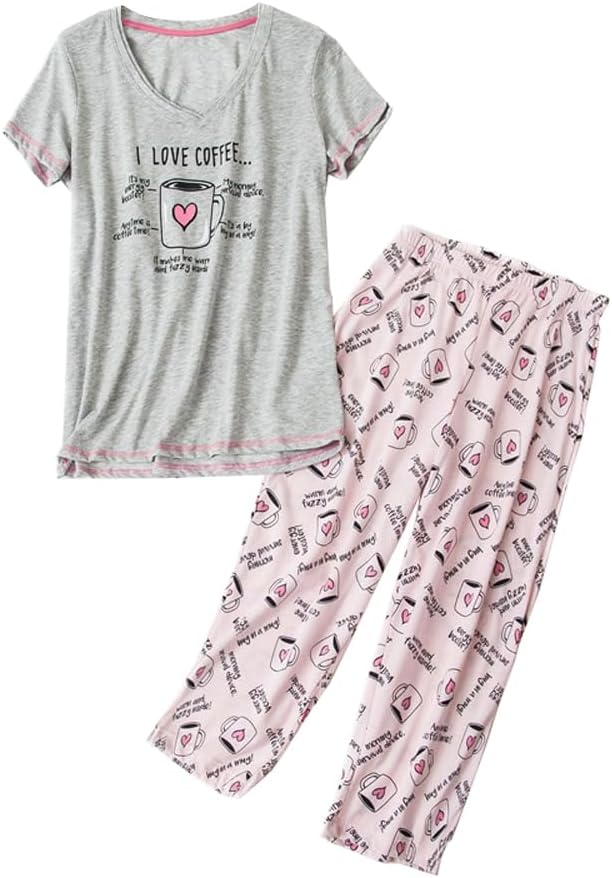 Women's Short Sleeve Tops and Capri Pants Cute Cartoon Print Pajama Sets (Available in Plus Size)