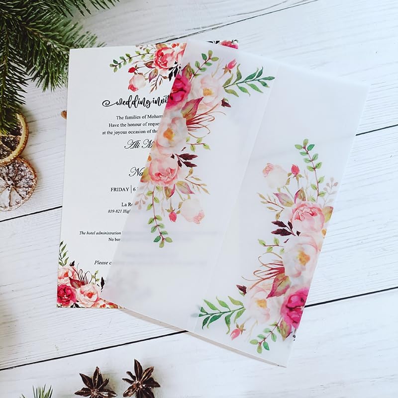 Translucent Envelopes,Vellum Jackets, 50PC/LOT Transparent Watercolor Floral Wedding Invitation Card Cover Semi Invites Jacket Wrap(Color:Flower, Size : Wrap N Invitation) (Color : Blue flower 02,