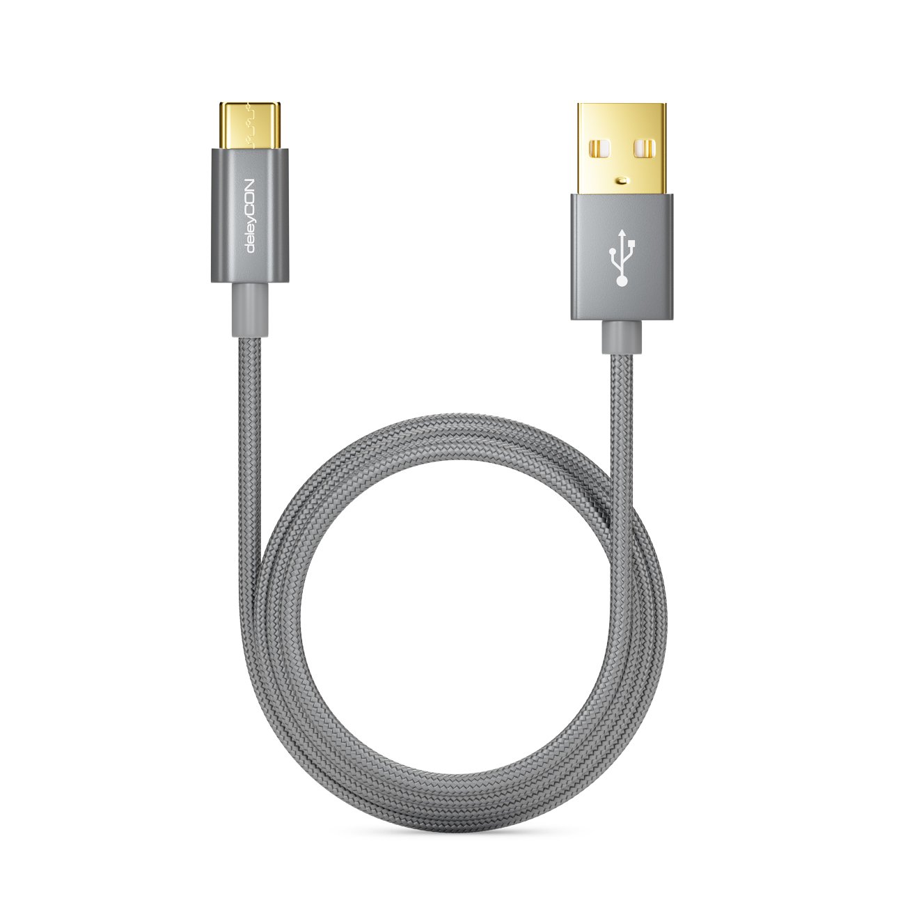 deleyCON 1m Cavo USB-C - Cavo di Ricarica Cavo Dati - Nylon + Spina in Metallo - Da USB C a USB A - Compatibile con Apple Samsung Google Huawei Xiaomi Tablet PC Laptop - Grigio