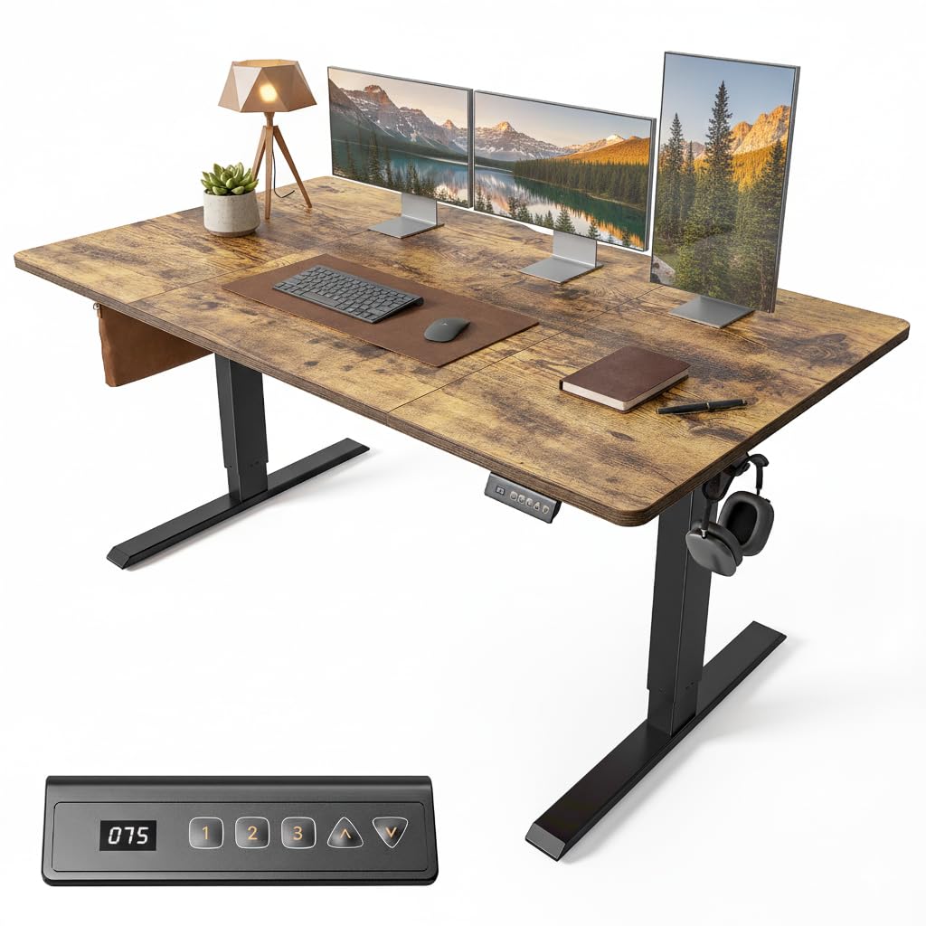 FEZIBO Electric Height Adjustable Standing Desk with digital display control panel, 80x160cm Ergonomic Home Office Table for Sit-Stand with 4 PiecesSplice Board & Rustic Brown Wood Grain Surface