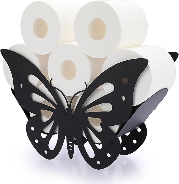 BTSKY Metal Toilet Paper Roll Holder - Matte Black Animal Style Toilet Tissue Holder, Freestanding & Wall Mount Toilet Tissue Storage Container for Bathroom, Home, Kitchen, Toilet (Butterfly)