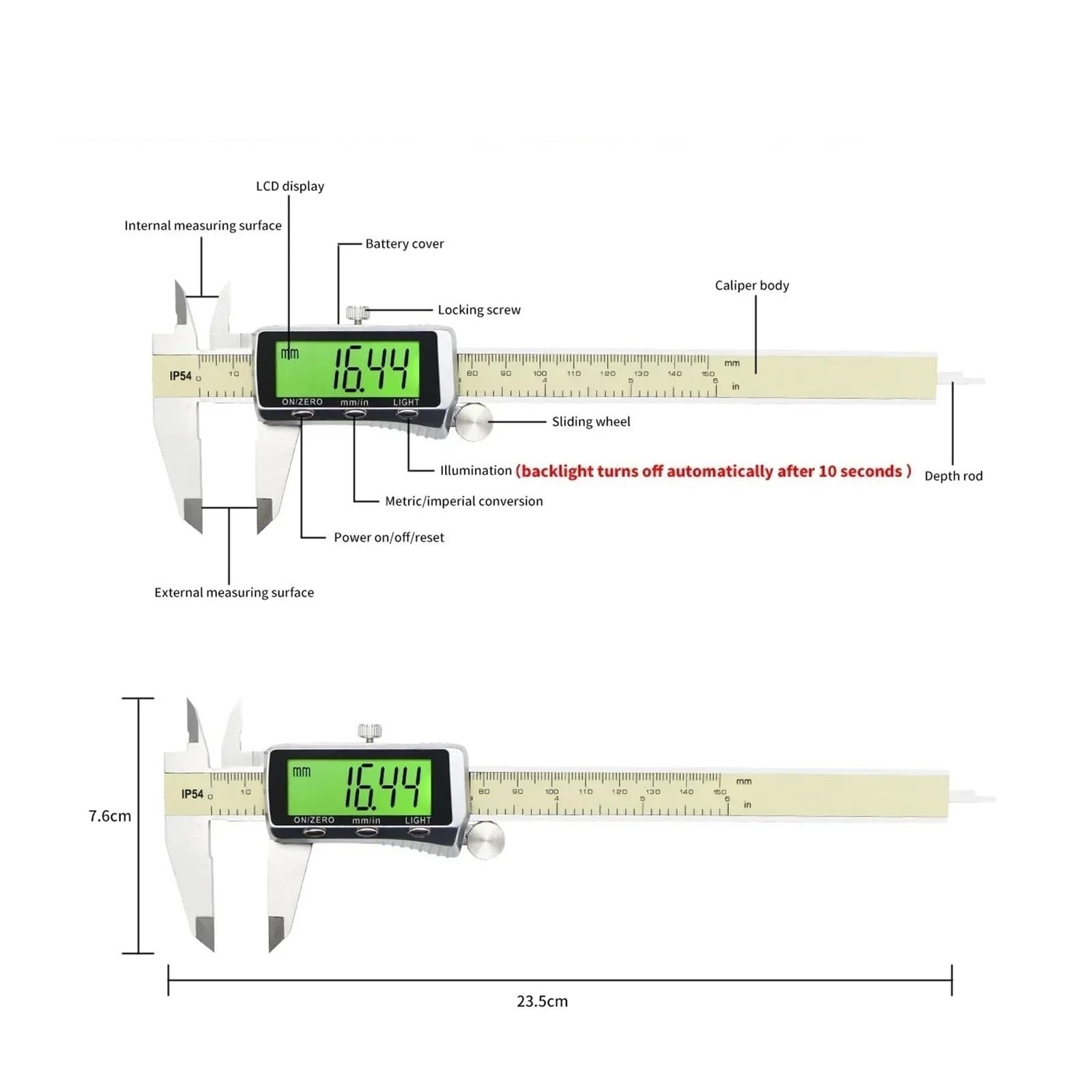 Digitaler Messschieber mit Hintergrundbeleuchtung, 150 mm/6 Zoll, elektronischer Messschieber aus Edelstahl mit großem LCD-Zoll-/Metrisches Messwerkzeug