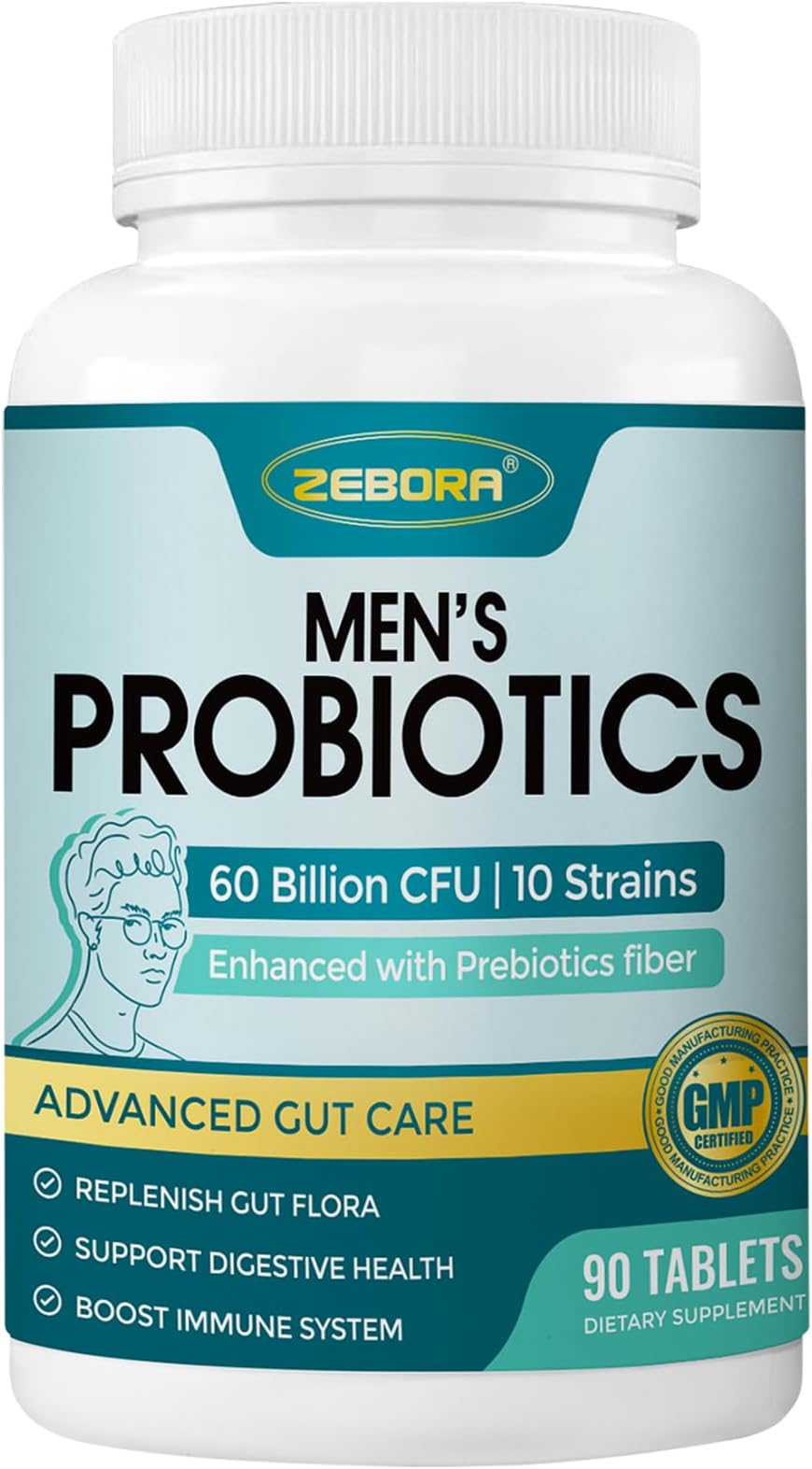 Probiotics for Men and Prebiotics for Digestive Health, 90 Tablets, 60 Billion CFUs for Immune and Gut Health, 10 Strains, Hypoallergenic Probiotics, Shelf Stable, Gluten & Soy Free