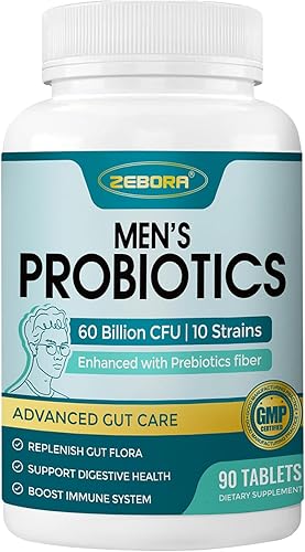 ZEBORA Probióticos para hombres y prebióticos para la salud digestiva, 90 tabletas, 60 mil millones de UFC para la salud inmune e intestinal, 10