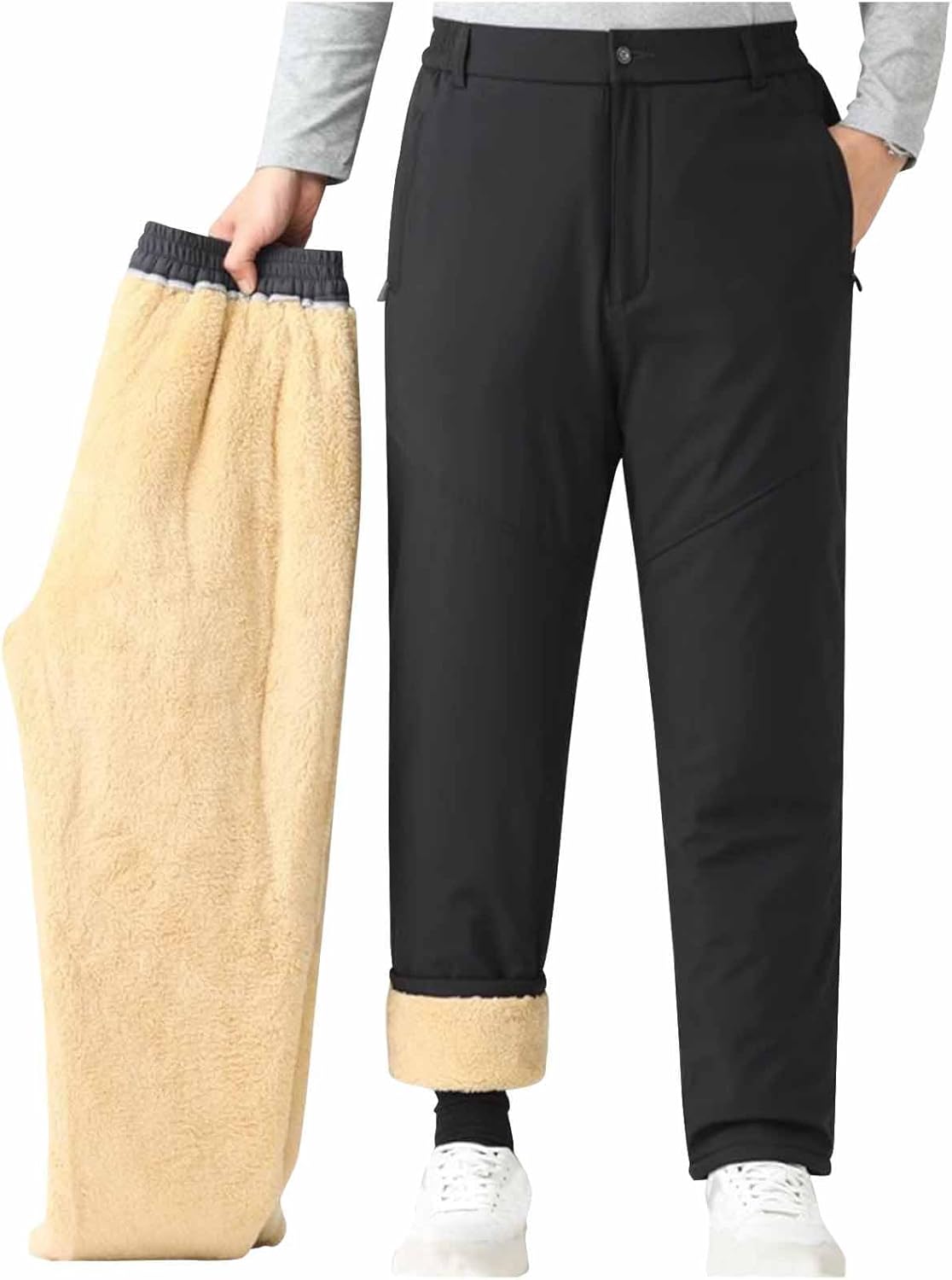Men's Fce Lined Winter Pants, Soft Thermal Warm Trousers Casual Work Pants for Hiking Outdoor Flat Front Design