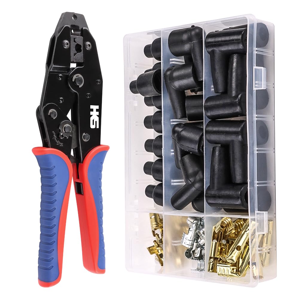 Spark Plug Wire Crimping Tool Kit for Ignition Cables, Ratcheting Crimper, 24 Spark Plug Terminals (180° 90° Straight), 24 Boots, Fits up to 8.5mm Wires