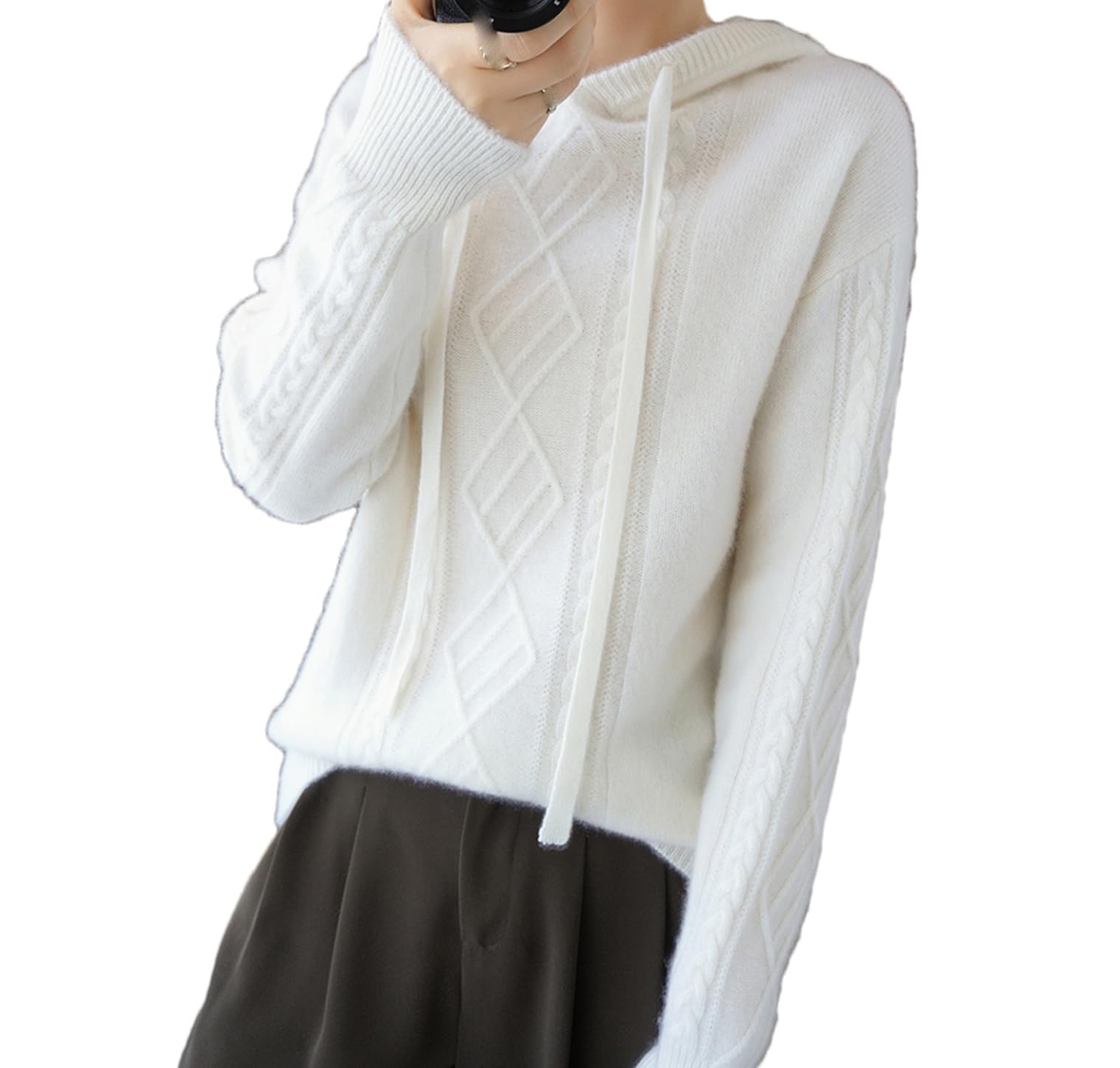 Suéter con capucha de lana de cachemira para mujer, suéter suelto de manga larga de punto de color sólido suéter de invierno