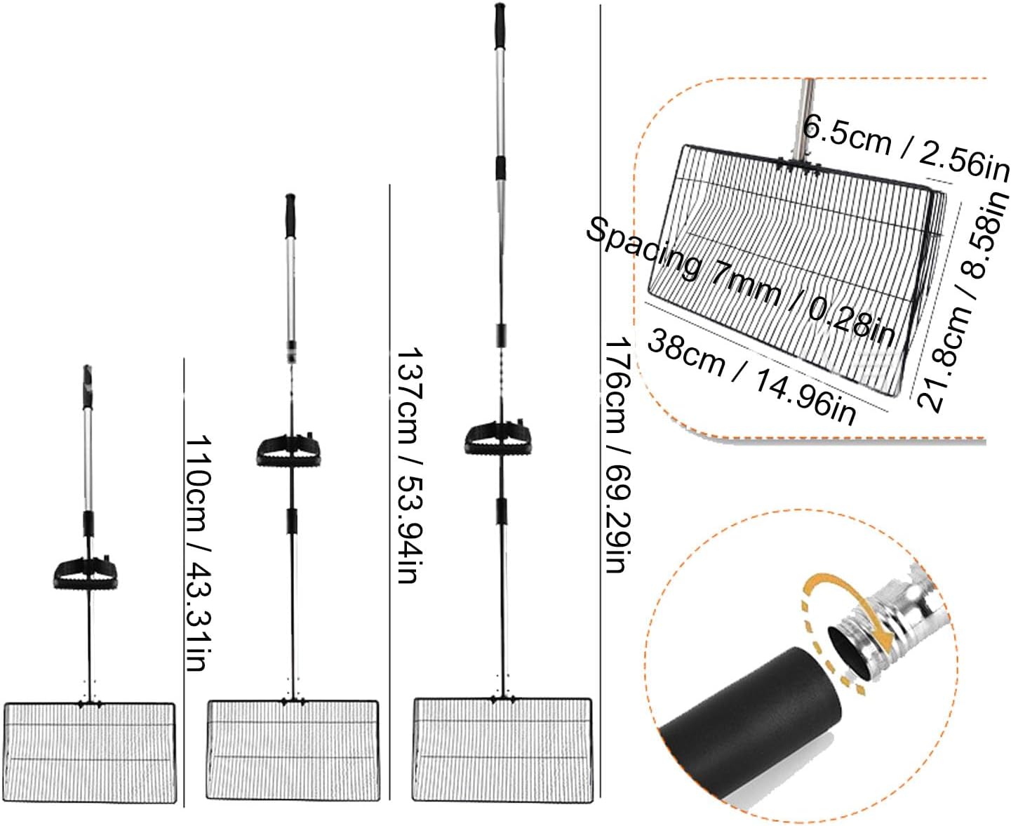 Large Chicken Poop Scooper, 43 to 69 in Adjustable Long Handle Telescopic Stainless Steel Anti Stick Chicken Coop Litter Sifting Shovel for Pet Waste Cleaning