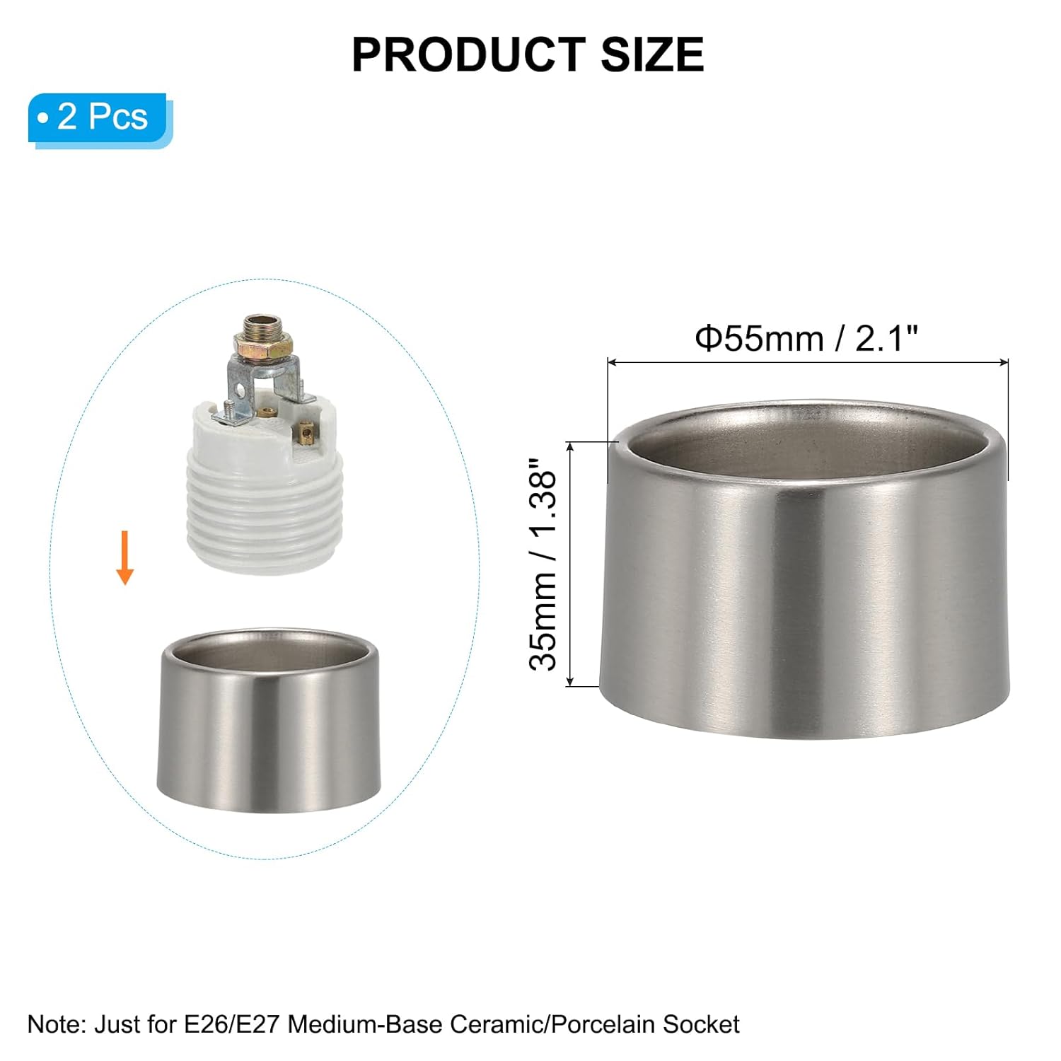 PATIKIL Light Socket Shade Ring, 2pcs E26 E27 Medium Base Metal Sockets Lock Ceramic/Porcelain Sockets with Thread Diameter 1-1/2 Inches for Hanging Lamp Holder, Nickel 35mm / 1.38"