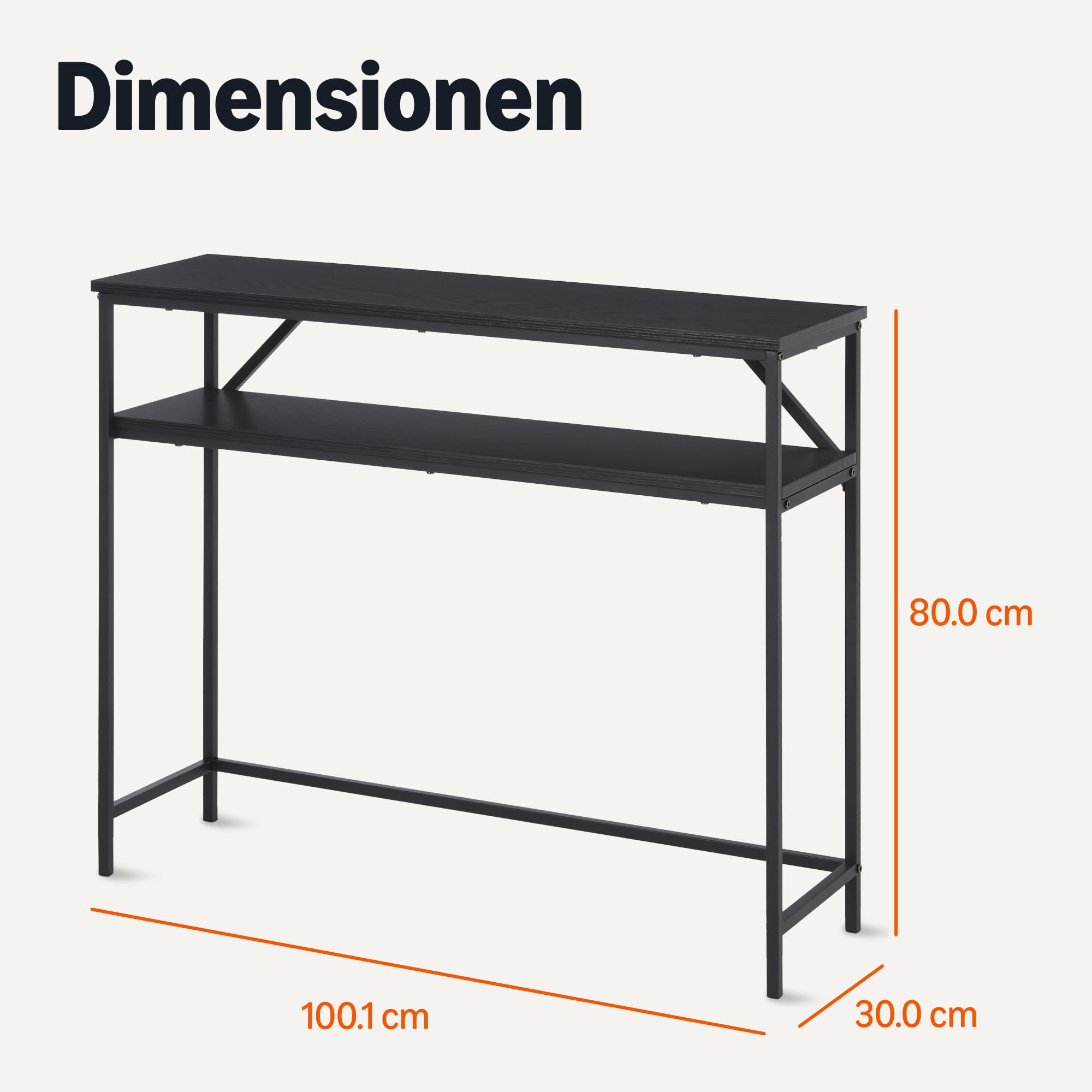 Amazon Basics Rechteckiger Konsolentisch mit Ablage, Stahlrahmen, 30cm (T) x 100cm (B) x 80cm (H),Schwarz