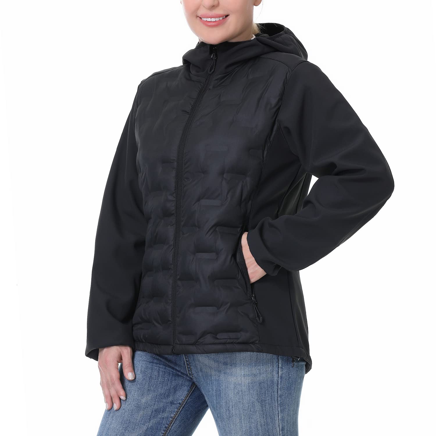 BELE ROY Women's Puffer Jackets Winter Running Jackets with Hood Windproof Down Hybrid Jacket for Hiking Travel Outdoor