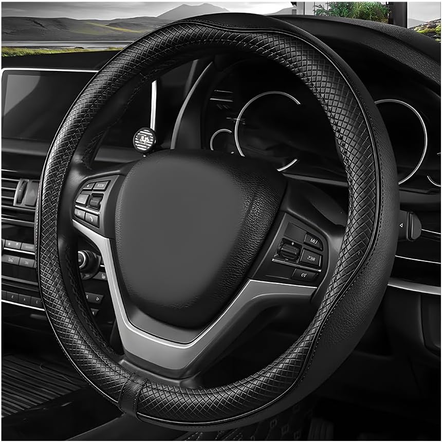 Car Steering Wheel Cover, 15 Inch Anti-Slip Breathable Leather Auto Steering Wheel Protector, Full Surround Soft Steering Wheel Cover for Men Women, Car Interior Accessories (Black)