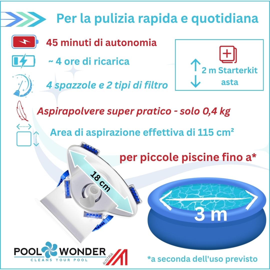 Poolwonder Cleverix - Aspirapolvere a batteria per piscina, super pratico, prodotto in Austria, con asta di avviamento da 2 m