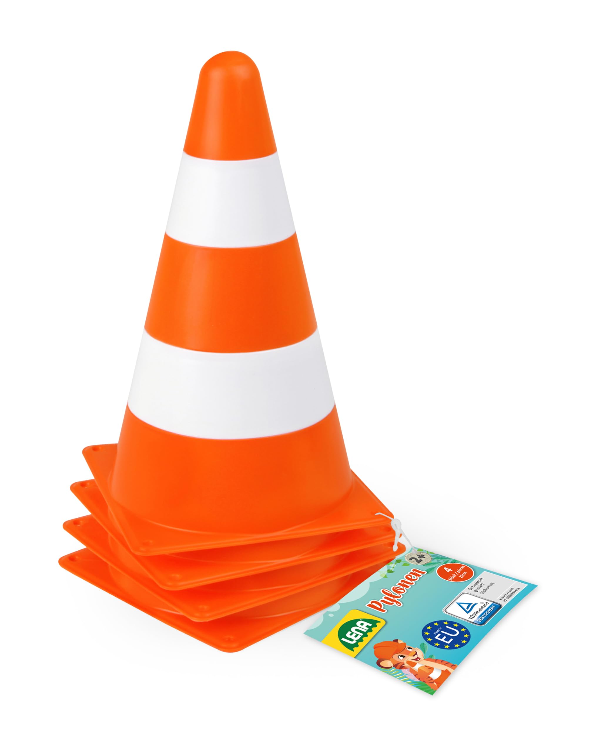 Lena 61249 Pylonen 4er Set, Verkehrshütchen Spielset mit 4 Pylonen, Warnkegel je 22 cm, Verkehrskegel Orange und Weiß, Warnleitkegel stapelbar, Verkehrsleitkegel Komplettset für Kinder ab 2 Jahre