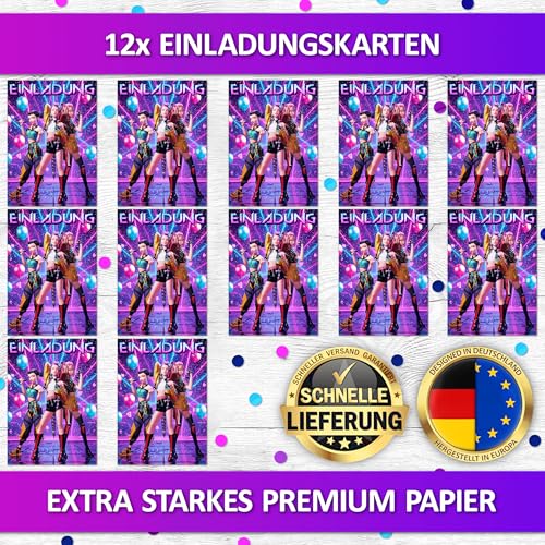 VULAVA 12x Popstars EINLADUNGSKARTEN Kindergeburtstag Mdchen Junge - die K-Pop Party Karten sind die EINLADUNG fr Teenager Jungen Kinder Geburtstag Monster Jger Geburtstagseinladung Karaoke Glitzer