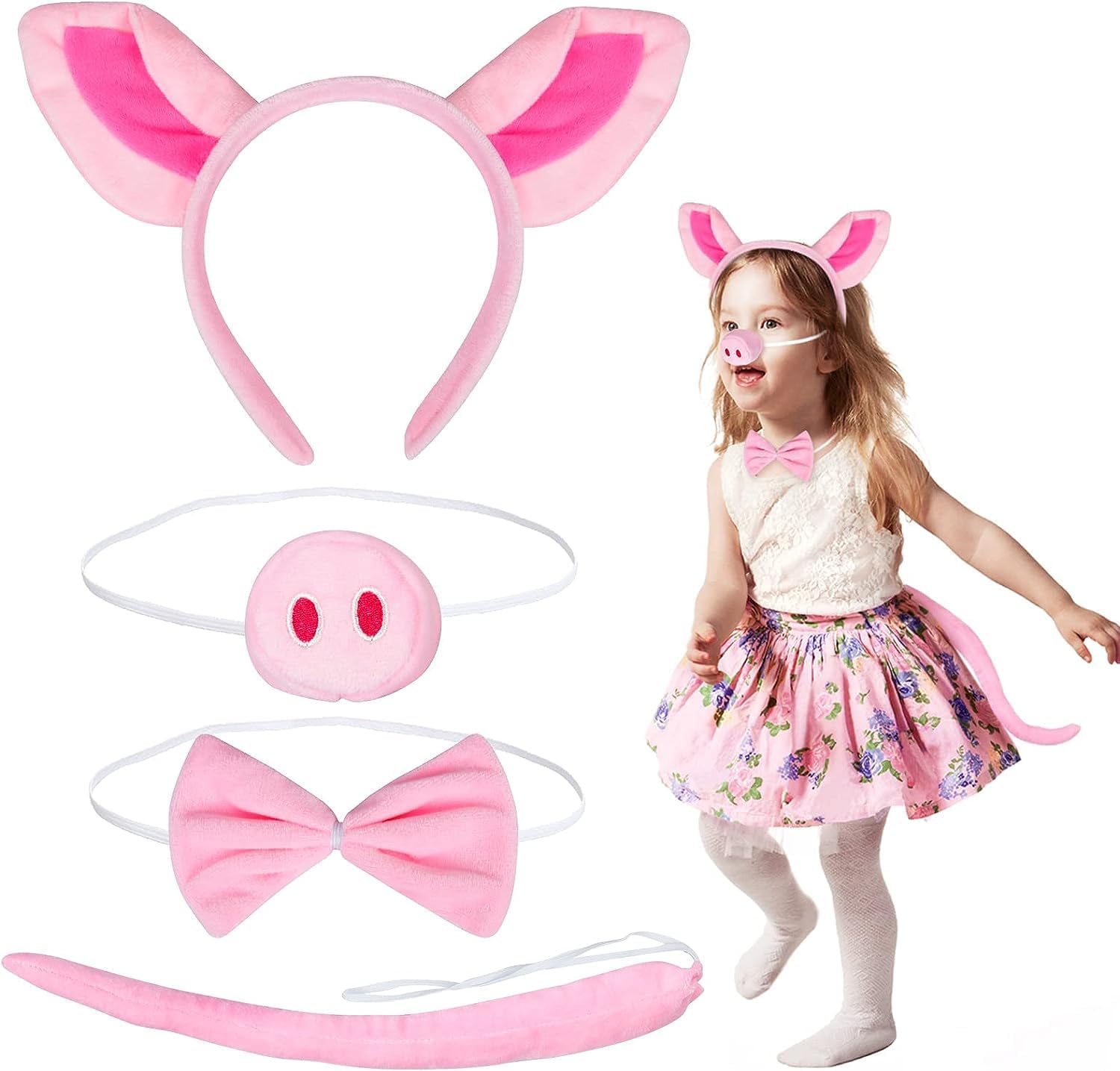 KIPTVO 4-Teiliges Schweine-Kostümset mit Verstellbaren Ohren, Nase, Schwanz & Fliege in Rosa – Tierkostüm für Karneval, Halloween, Mottoparty & Cosplay
