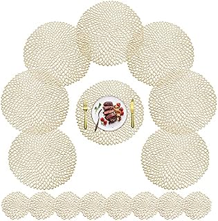 YMHPRIDE 16Pcs Hollow Round Gold Placemats and Coasters Set of 8 Washable PVC Table Mats Durable Heat Resistant and Anti-slip Place Mats for Restaurant,Cafe and Home Kitchen Decoration