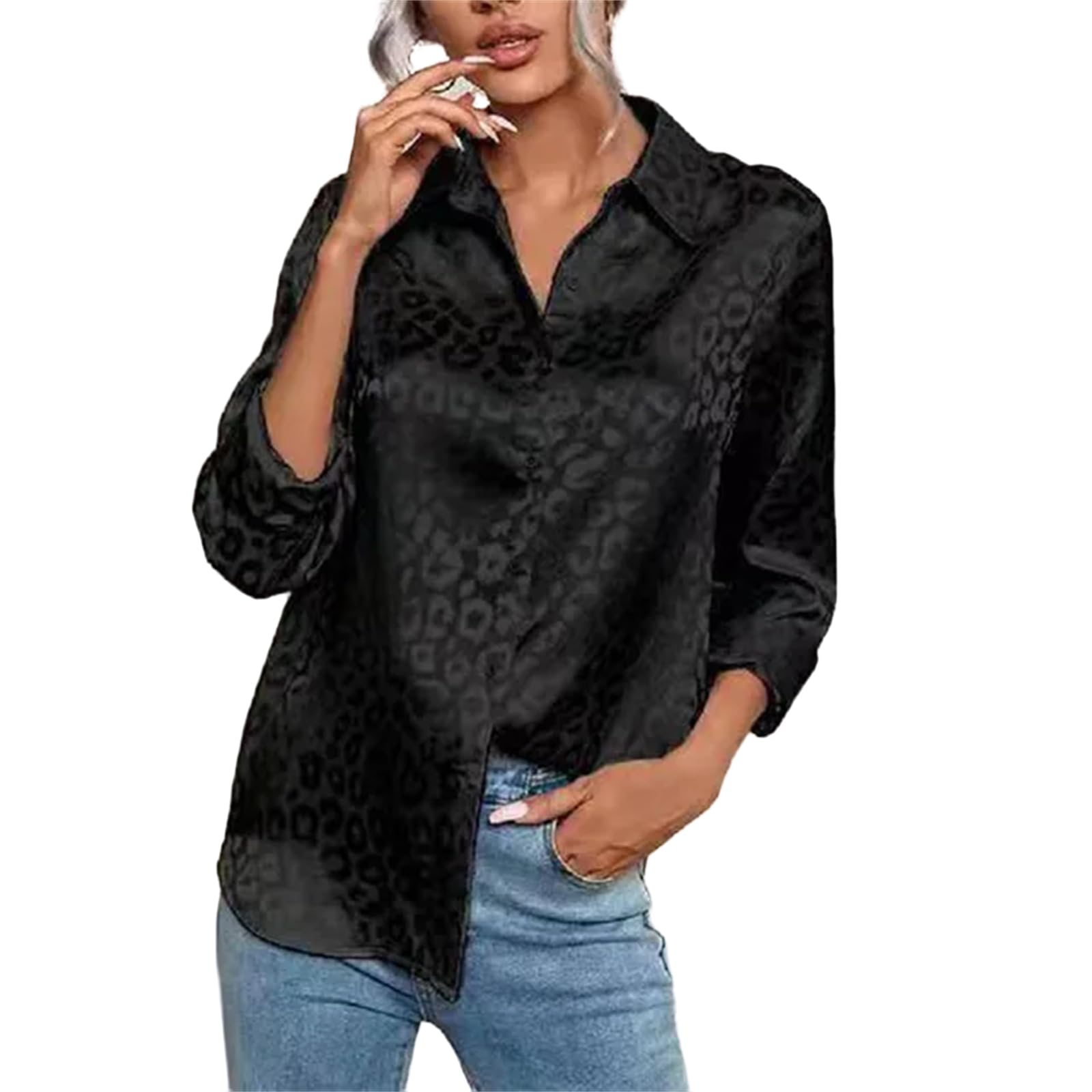 Bluse Damen Frauen Elegante Leopard Print Lose Bluse Frühling Sommer Langarm Satin Revers Shirt-e-s