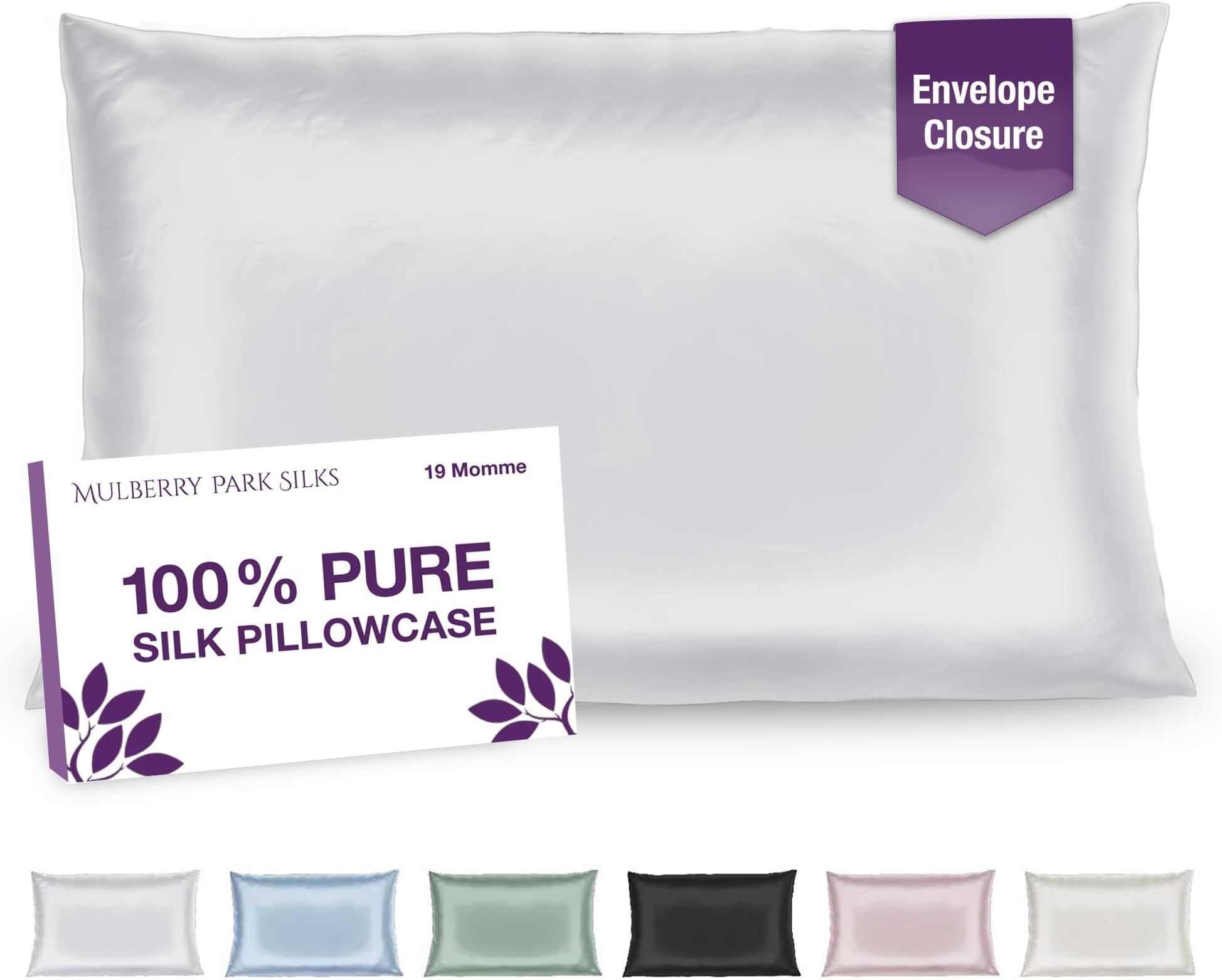 Mulberry Park 100% Silk Pillowcase - 19 Momme, Grade 6A Mulberry Silk - Deep Envelope Closure - White/King (20'' x 36'')
