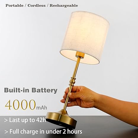Fsaox Cordless Brass Modern Table Lamp - Rechargeable 4000mAh Portable & Dimmable Touch Control, Beige Linen Shade w/Integrated 2700K Warm Light for Bedroom Decor, Nightstand, Living Room (Gold Finish) photo 3