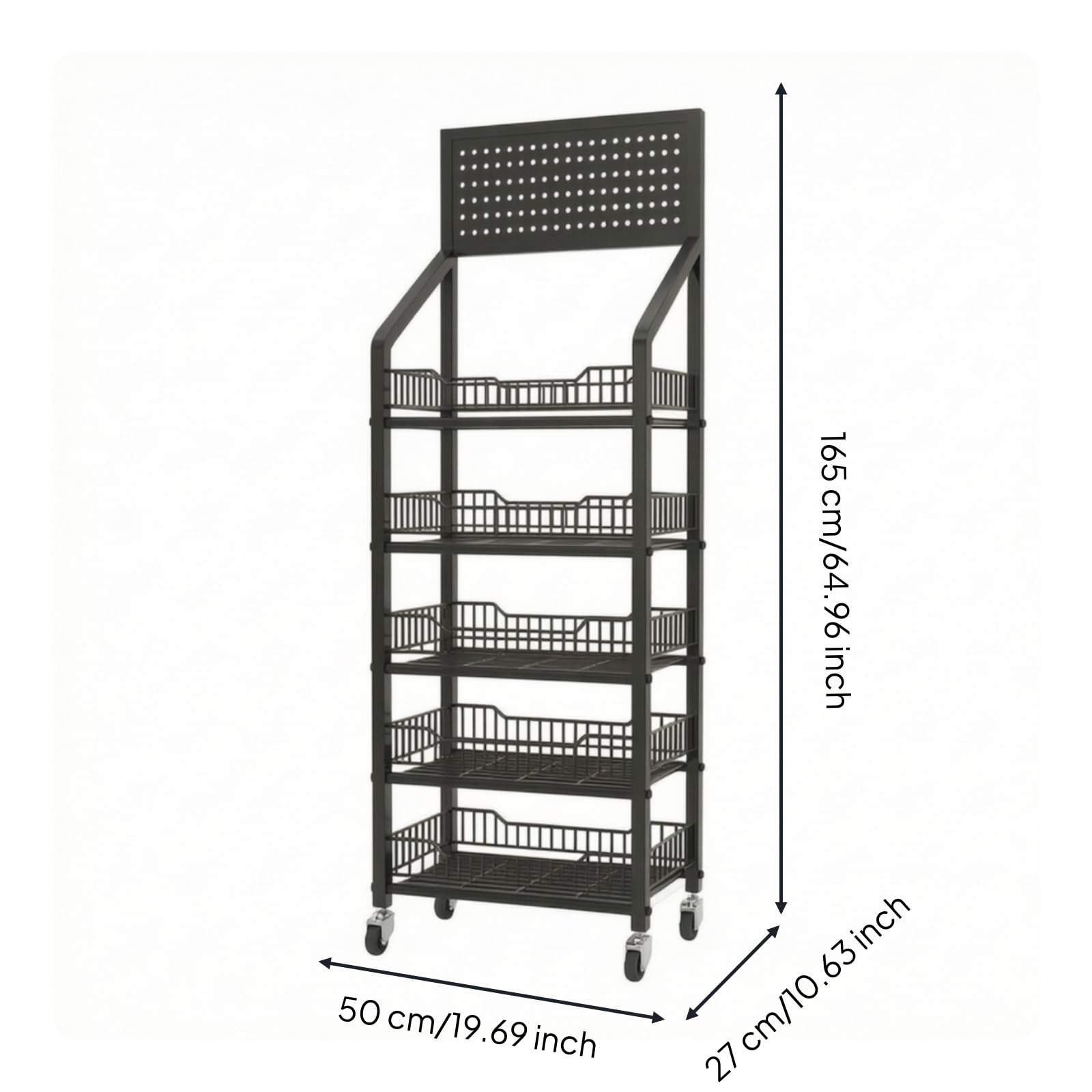 Qianly Estantería Metálica 5 Niveles Estrecho Expositor Tienda con Ruedas Vertical Estante con Ruedas para Vendores, Supermercados, Negro, 50cm