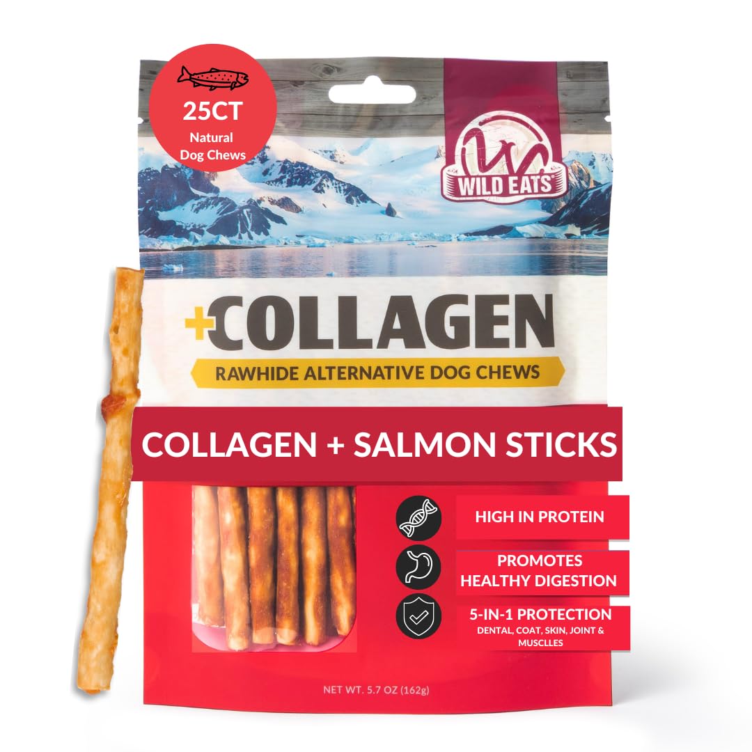 Wild Eats Collagen Real Salmon Sticks for Dogs 25ct - Long Lasting Dog Chews No Hide Dog Treat Bully Stick Alternative, Rawhide Free, Grain Free, High