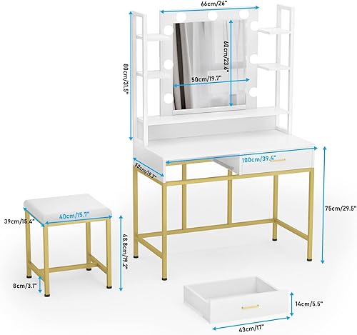 Miniatura 3 de PAKASEPT Mesa de tocador con espejo iluminado elegante tocador de maquillaje con luces LED y 2 cajones taburete acolchado y estantes de Negro,