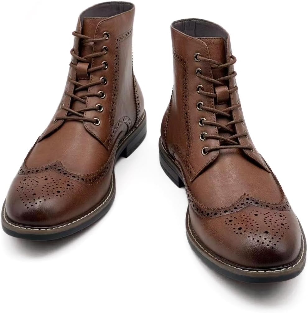 Finishing & Sewing Men's Wingtip Toe Boots, Classic Brogue Style, Oxford Lace Up Dress Shoes