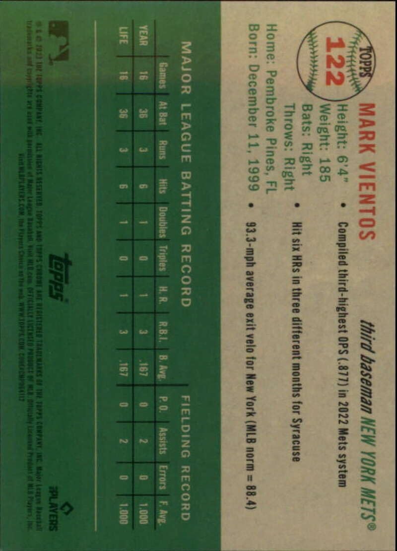 2023 Topps Chrome Platinum Anniversary Refractor Topps #122 Mark Vientos RC Rookie S499 New York Mets Official MLB Baseball Trading Card