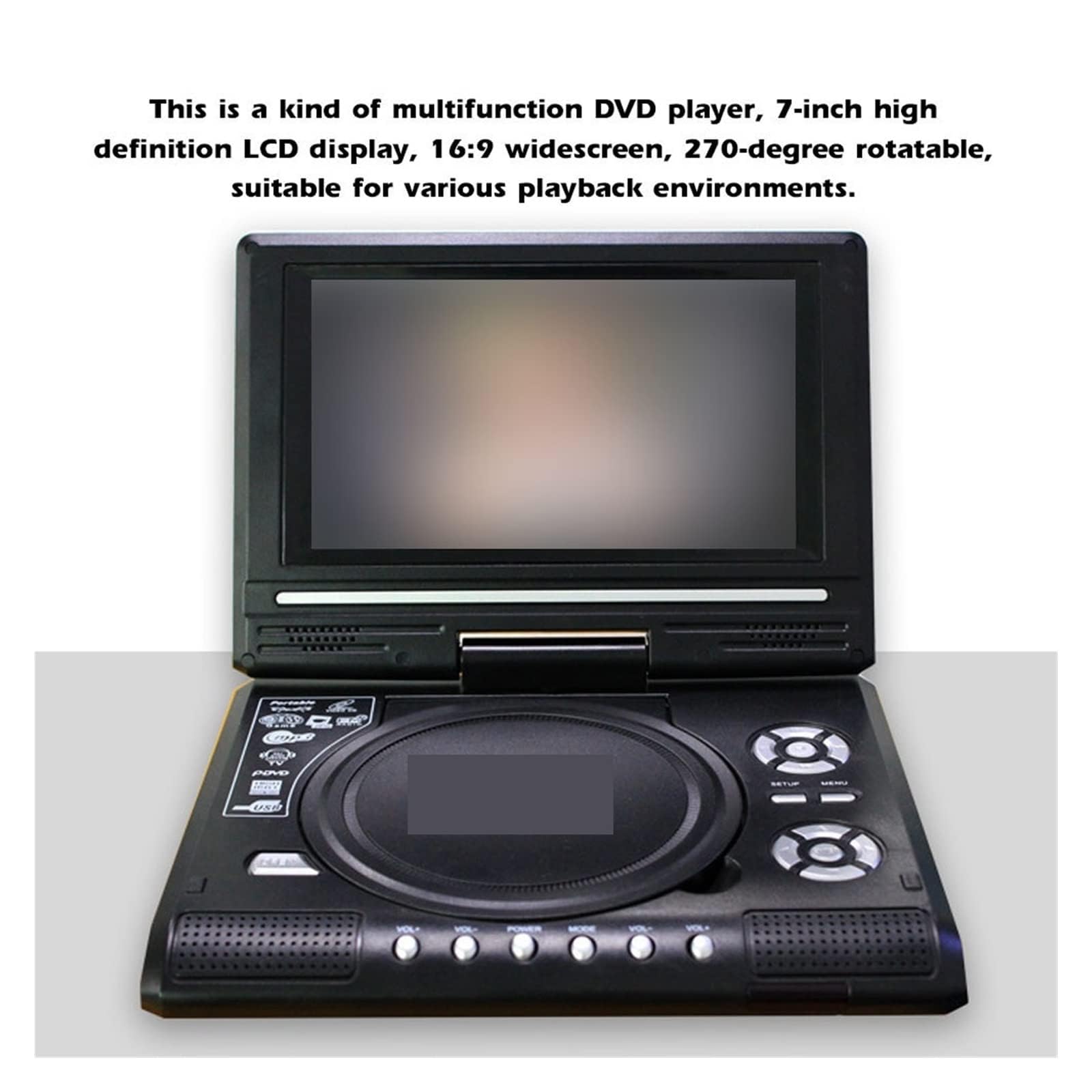 Lettore DVD portatile con schermo LCD girevole HD da 7,8 pollici, funzione mini TV, lettore DVD/VCD/CD/MP3, supporto USB e scheda SD, ingresso/uscita AV, batteria ricaricabile integrata per uso
