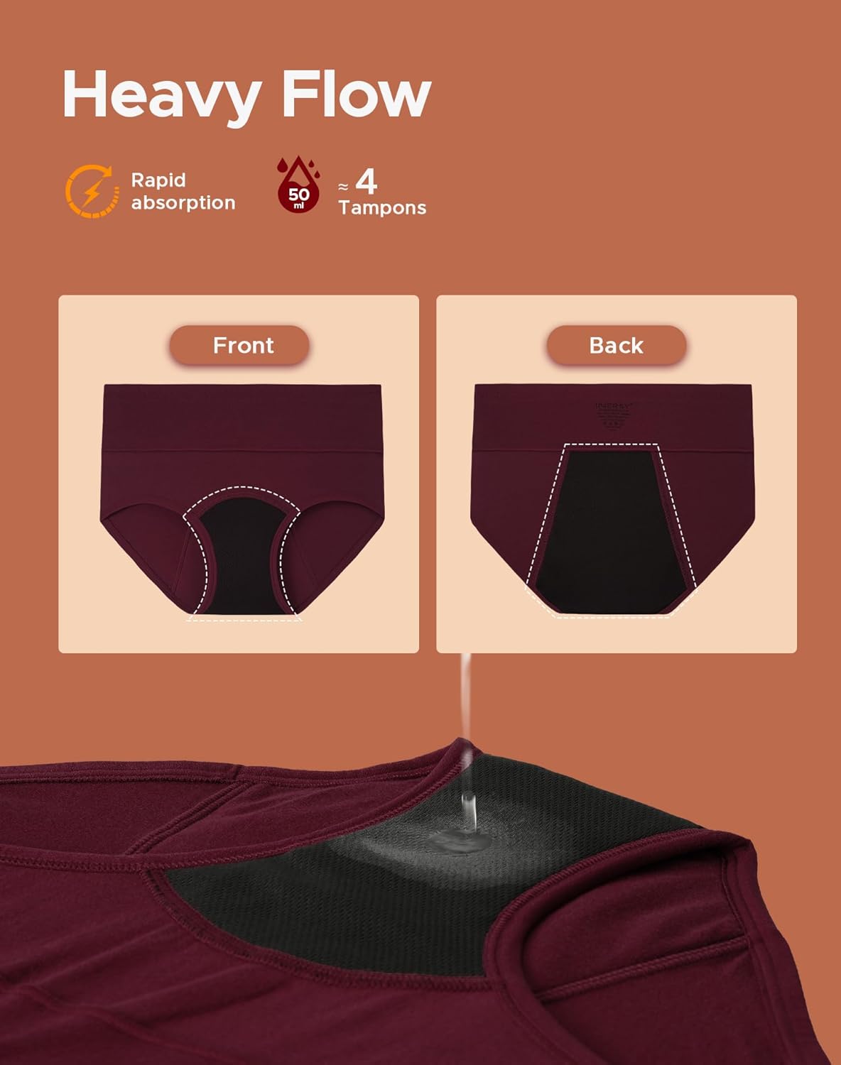 INNERSY Period Underwear for Women Heavy Flow High Waist Cotton Leak Proof Menstrual Panties 3-Pack - Image 3