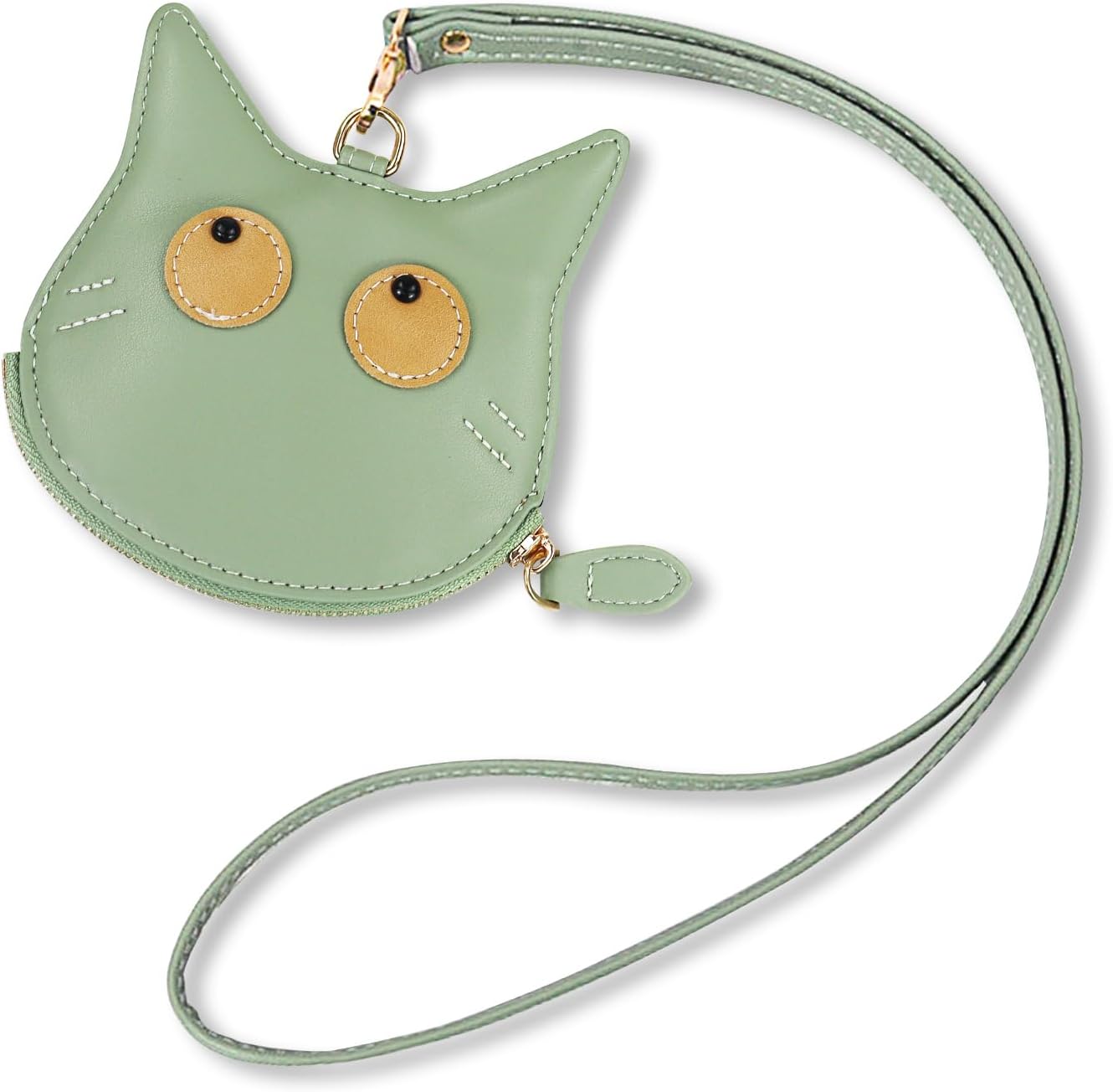 Andiker Coin Purse, Cute Cat Shape Small Wallet with Zipper Closure, PU Leather Keychain Wallet with 40 CM Neck Cord for Women (Green)