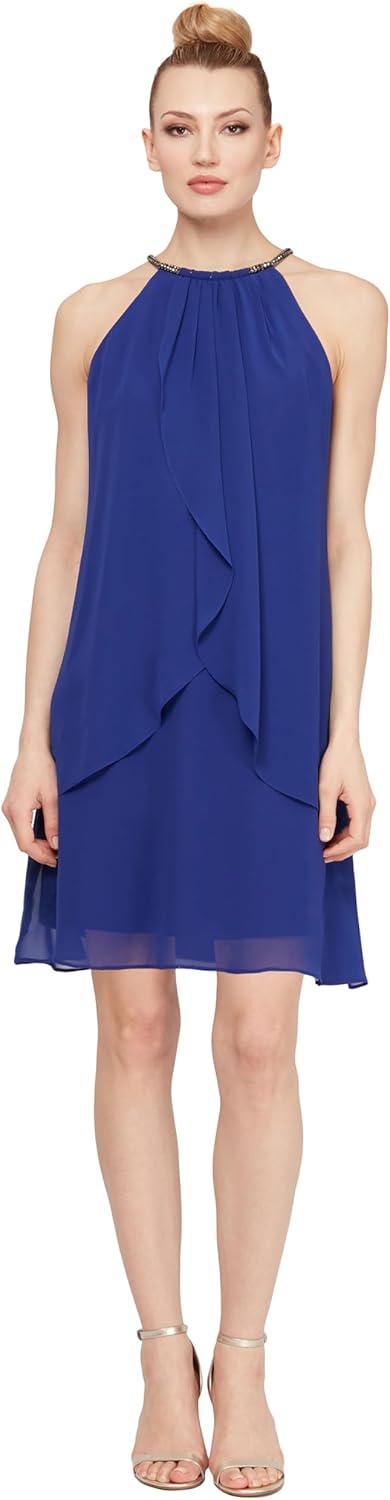 S.L. Fashions Womens Short Beaded Halter Neck Cocktail Gown, Wedding Guest, Party Dress, (Petite and Regular Sizes) 12 Iris