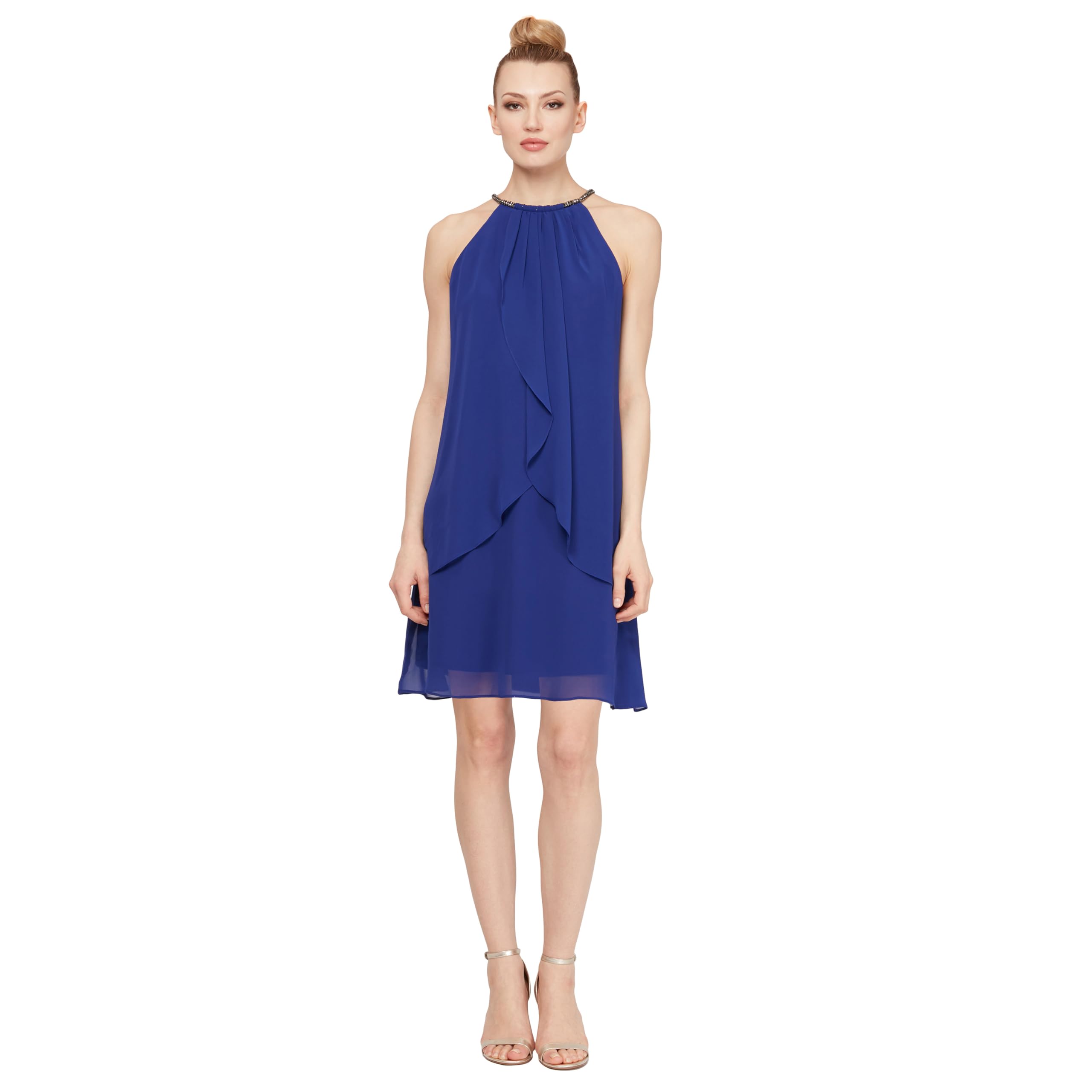 S.L. Fashions Women's Solid Chiffon Halter Dress (Petite and Regular) Special Occasion, Iris, 14