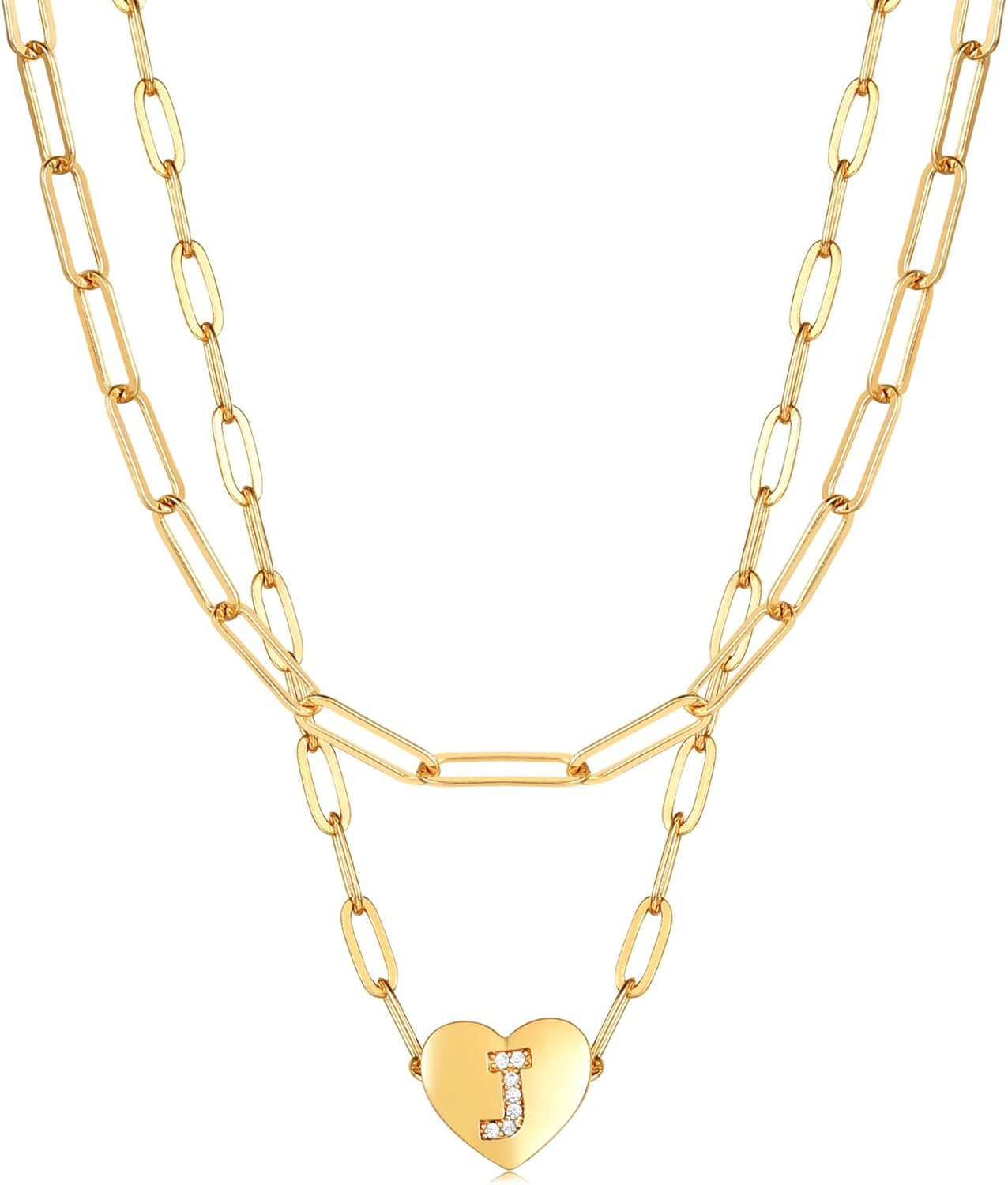 14K Gold Plated Dainty Layered Initial Necklaces for Women,Paperclip Chain Necklace Simple Cute Gold Initial Heart CZ Letter Pendant Adjustable Initial Gold Layering Choker Necklace for Women Jewelry Gifts