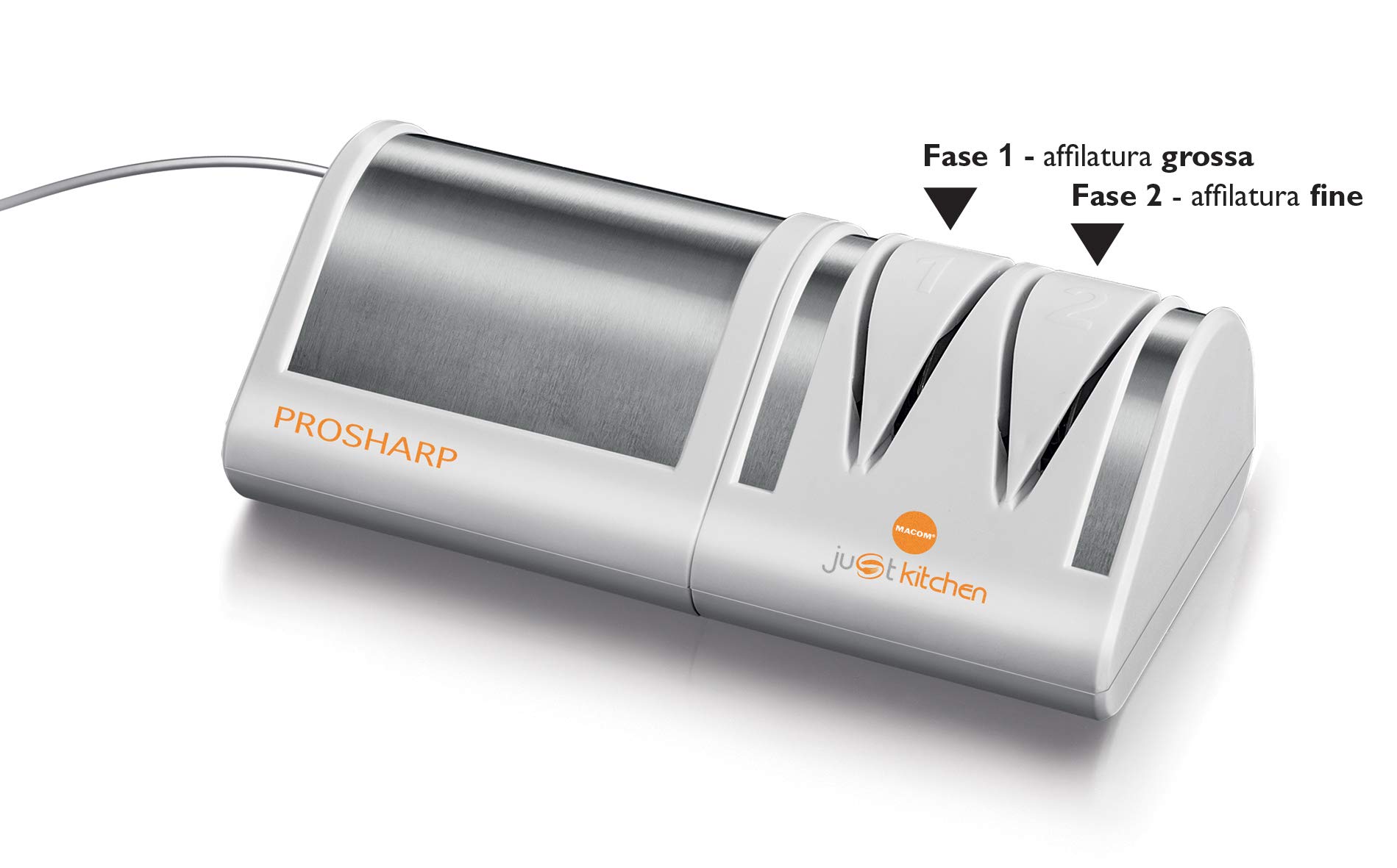 MACOM Affilacoltelli Elettrico Professionale Con 4 Dischi Diamantati, Doppia Affilatura Grana Grossa e Fine, Universale per Coltelli in Acciaio, Ceramica e Seghettati, Just Kitchen 827 Prosharp
