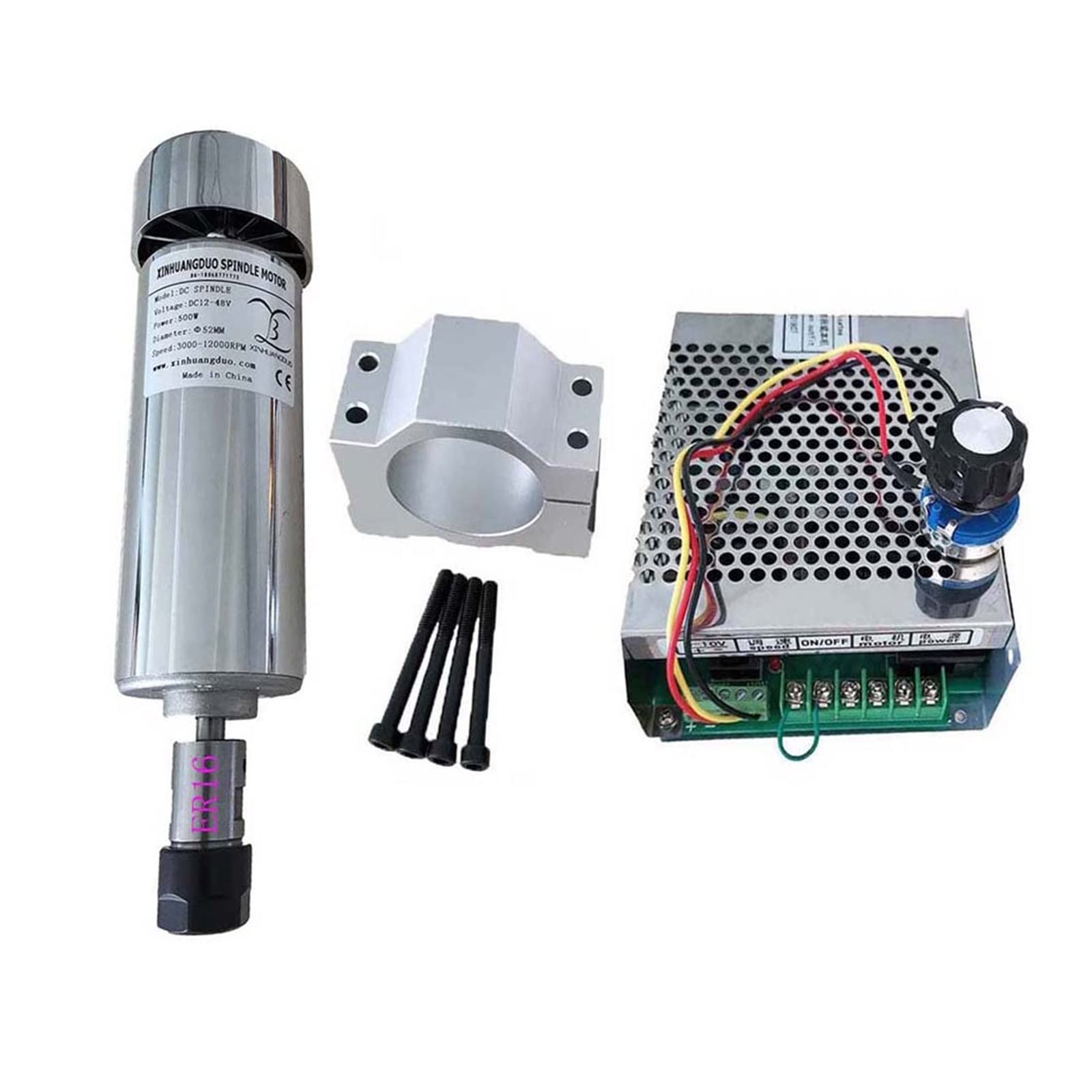 Mooilko Package 5 Er16 Air Cooled Dc 48V 0.5Kw Cnc Spindlemotor Kit Er16 Chuck 500W Spindle Motor + Power Supply Speed Governor For Engraving Smooth Running(Package 5 Er16)