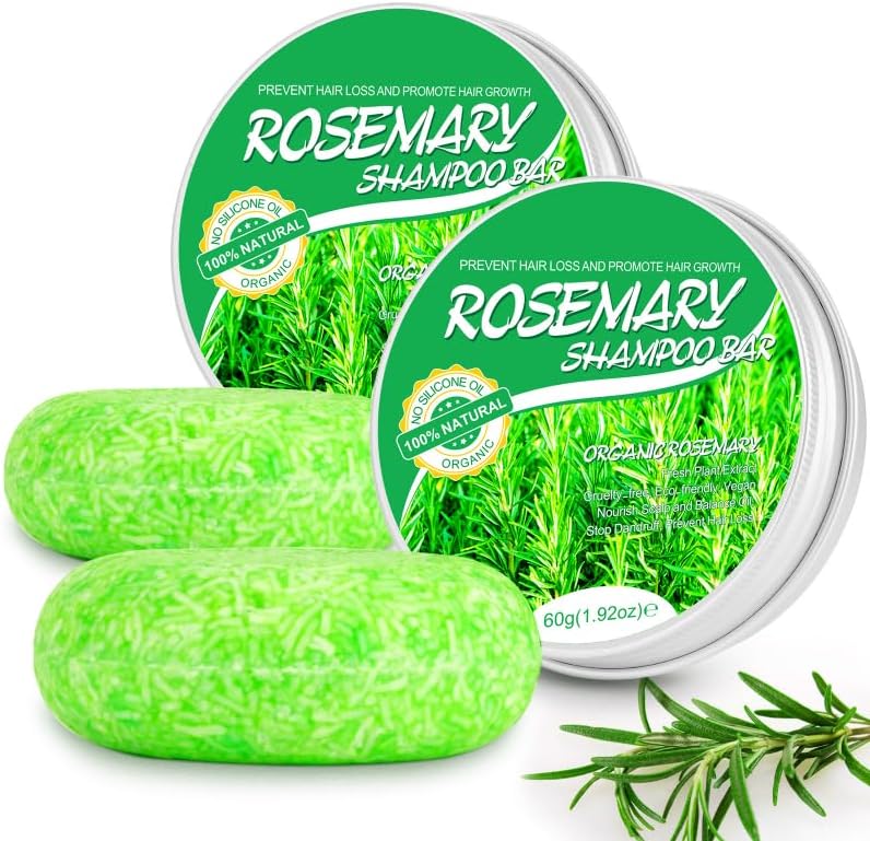 Rosemary Shampoo Bars, 2 Pack - Natural Solid Shampoo for Hair Growth, Nourishes Scalp and Treats Hair Loss - Vegan, Eco-Friendly, 60g Each