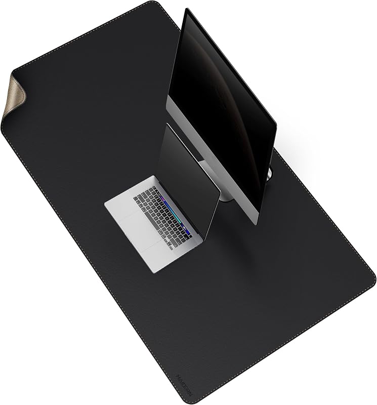 MAIDERN Tapete de escritorio de cuero XL de 59 "x 27,5", tapete de escritorio grande, tapete de ratón grande reversible de corcho y cuero para escritorio, tapete de escritorio de computadora impermeable para juegos, oficina en casa (negro)