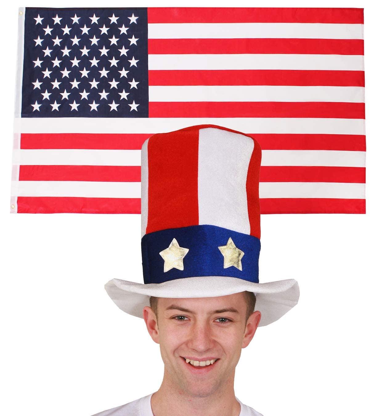American Flag & Hat Fancy Dress Accessory Set. 3x5ft Flag + Uncle Sam Hat. Independence Day Usa Supporters Flag & Hat Fancy Dress Accessory Set Soccer Football Flag โ image 1