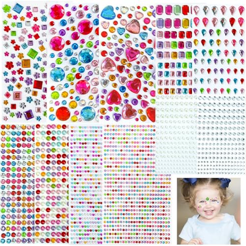 Glitzersteine Selbstklebend, 2883 Stück Strasssteine Selbstklebend, Bunt Strasssteine Gesicht, Glitzersteine zum Basteln Verschiedene Formen, Glitzer Sticker für DIY, Augen, Nagel, Kinder Handwerke