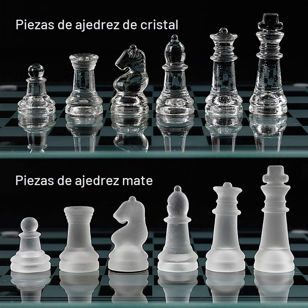 Elegante juego de ajedrez de cristal - cristal templado transparente y esmerilado, piezas con incrustaciones de franela resistente a los arañazos, bandeja a cuadros antideslizante, juego mental